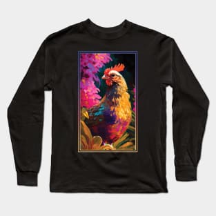 Chicken Rooster Vibrant Tropical Flower Tall Digital Oil Painting Portrait Long Sleeve T-Shirt